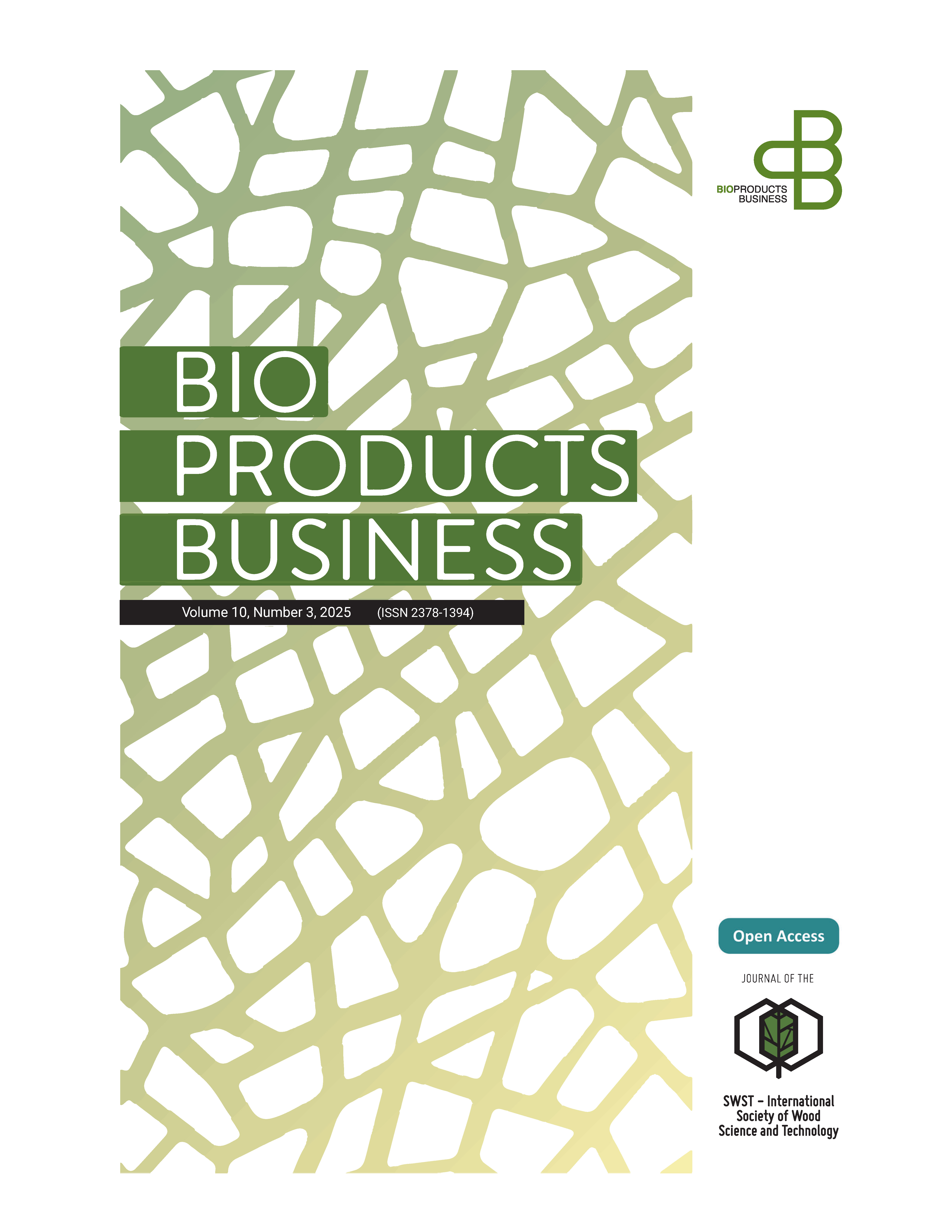 The BioProducts Business journal title superimposed over an abstract design evoking a mesh pattern of interconnected wood cells in a gradient of green and gold